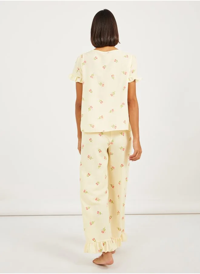 ستايلي Floral Textured Ruffle Sleeve Hem Broderie Trim Top and Pyjama Set