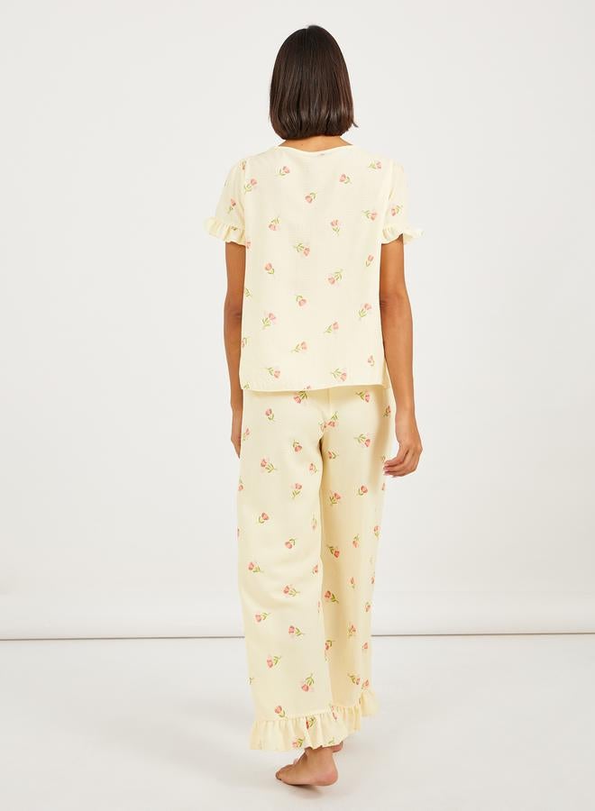 Styli Floral Textured Ruffle Sleeve Hem Broderie Trim Top and Pyjama Set - Image 5