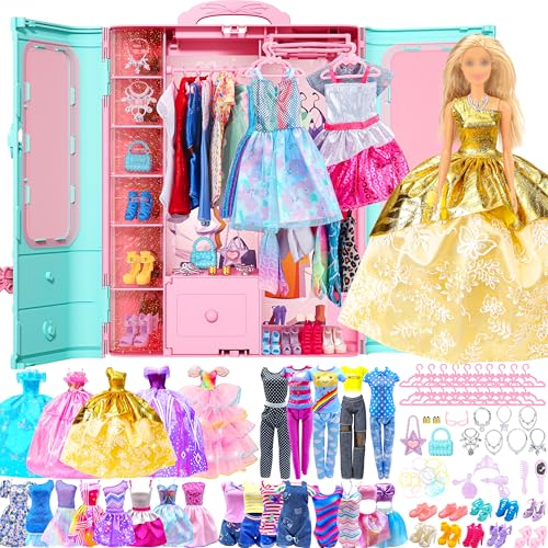 Style Shine 70 Pcs Doll Closet with Clothes  Accessories Set2 Wedding Gowns 6 Fashion Dresses 2 Casual Outfits 2 Swimsuit 10 Shoes 20 Hanger 27 AccessoriesDress up Toys for Girls Kids Birthday Gift - Image 1