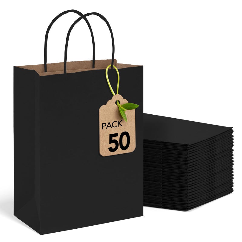 MESHA 8x425x105 Inch Black Kraft Paper Gift Bags with Handles 50Pack Recycled Reusable Shopping Bags Bulk for Wedding Party Favors Retail Stores BirthdaySmall Business