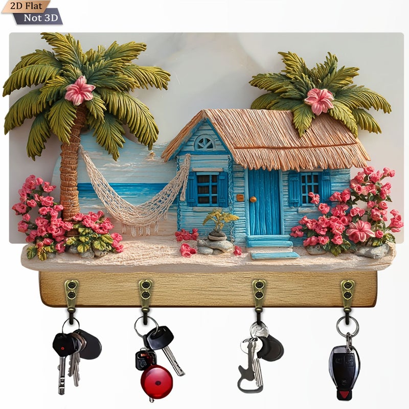 Tropical Paradise Wooden Key Hanger Four Metal Hooks 11.8x9 Inch Wall Decor - Image 1