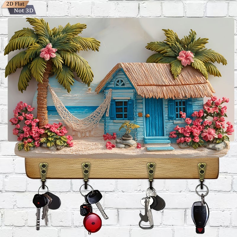 Tropical Paradise Wooden Key Hanger Four Metal Hooks 11.8x9 Inch Wall Decor - Image 3