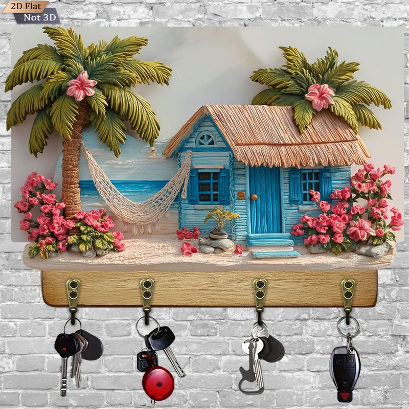 Tropical Paradise Wooden Key Hanger Four Metal Hooks 11.8x9 Inch Wall Decor - Image 2