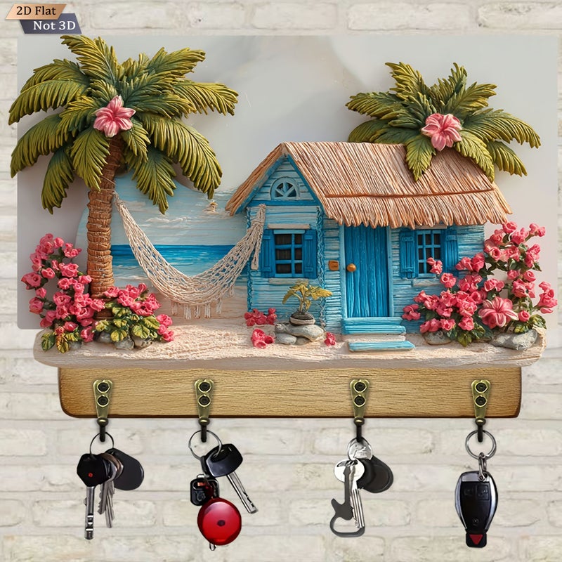 Tropical Paradise Wooden Key Hanger Four Metal Hooks 11.8x9 Inch Wall Decor - Image 4