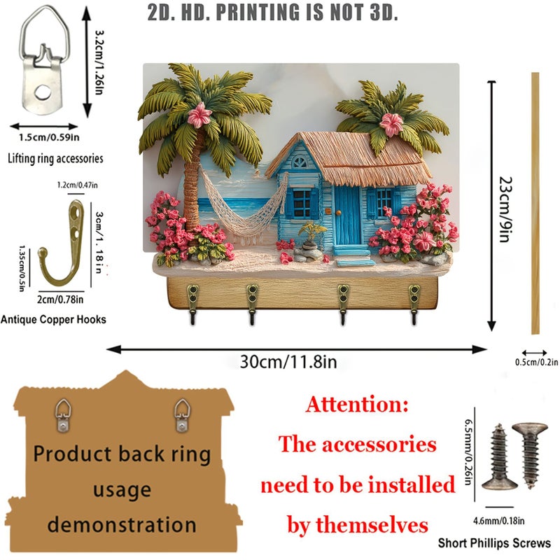Tropical Paradise Wooden Key Hanger Four Metal Hooks 11.8x9 Inch Wall Decor - Image 5
