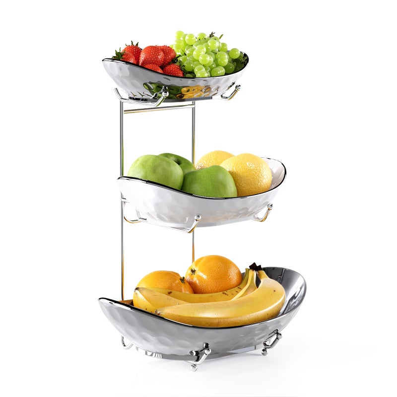 Acliys Fruit Bowl 3 Tier Ceramic Fruit Basket Serving Stand Serving Bowl with Metal Rack Porcelain Kitchen Bowls for Fruit and Vegetable Storage Snack Nuts Dessert Cake Tray for Party Wedding