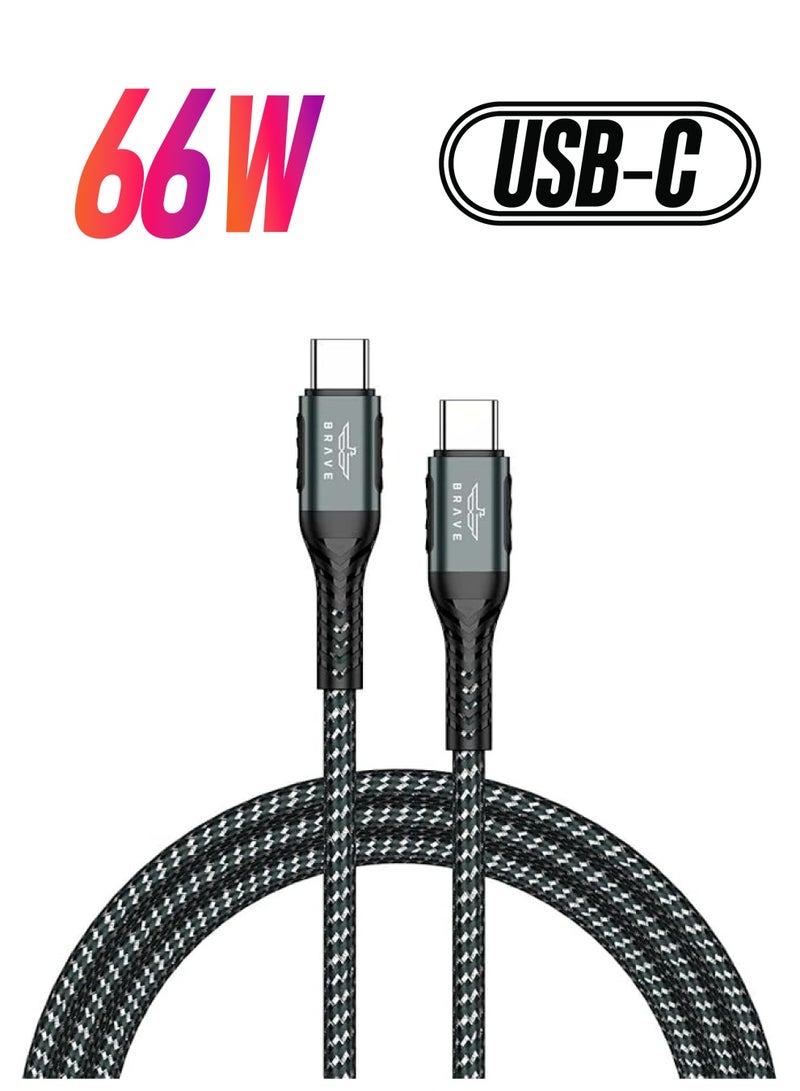 Brave كابل USB 66W نوع C إلى C مضفر نايلون شاحن سريع 3.1A لهواتف Huawei P40 كابل بيانات USB C لهواتف Xiaomi Mi Samsung (1.2M، USB C إلى C 66W،) (أسود) - Image 1