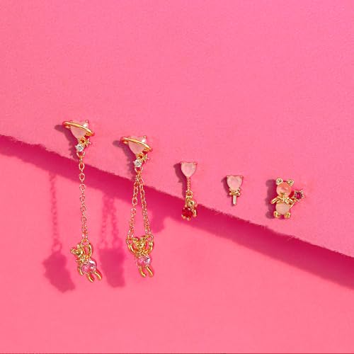 Krfy 5 Pcs Dainty 14K Gold Plated Earrings for Women - Sterling Silver Post Hypoallergenic Cartilage Earrings for Women Dangle Pink Bear Earring Sets for Multiple Piercing - Image 4