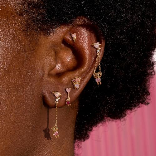 Krfy 5 Pcs Dainty 14K Gold Plated Earrings for Women - Sterling Silver Post Hypoallergenic Cartilage Earrings for Women Dangle Pink Bear Earring Sets for Multiple Piercing - Image 2