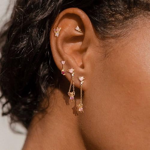 Krfy 5 Pcs Dainty 14K Gold Plated Earrings for Women - Sterling Silver Post Hypoallergenic Cartilage Earrings for Women Dangle Pink Bear Earring Sets for Multiple Piercing - Image 5