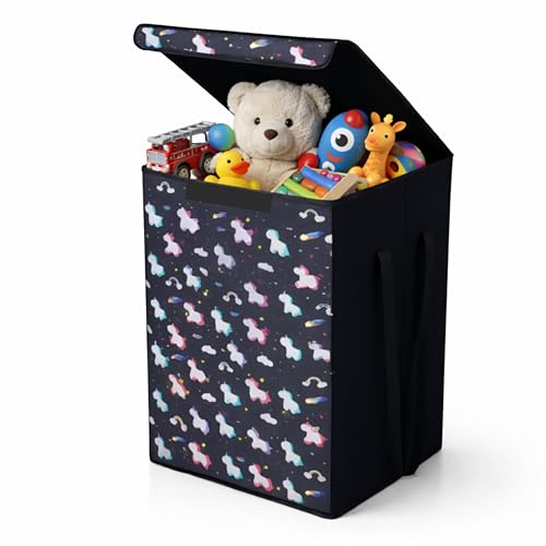 Sopent 50L Storage Box and Organiser with Lid – Unicorn Print Foldable Fabric Toy Box for Kids Room, Playroom, Nursery, Big Storage Basket with Lid for Toys - Image 1
