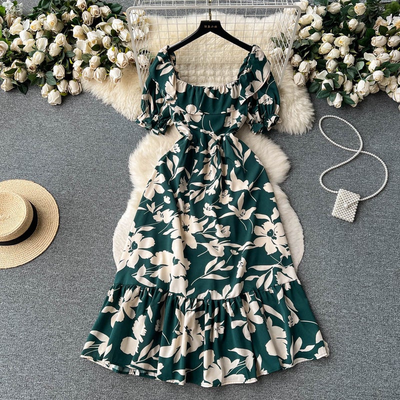 Summer ink painting printing ladies slim-fit mid-length dress womens summer rose waist-tight skirt fashion Dark green 