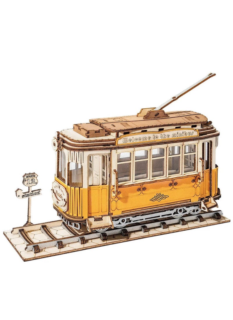 Robotime Rolife Tramcar TG505,Assembly Brain Teaser 3D Wooden Puzzle DIY Build Model Crafts Kits, Unique Home Decor Birthday Gifts for Teens or Adults  - Image 1