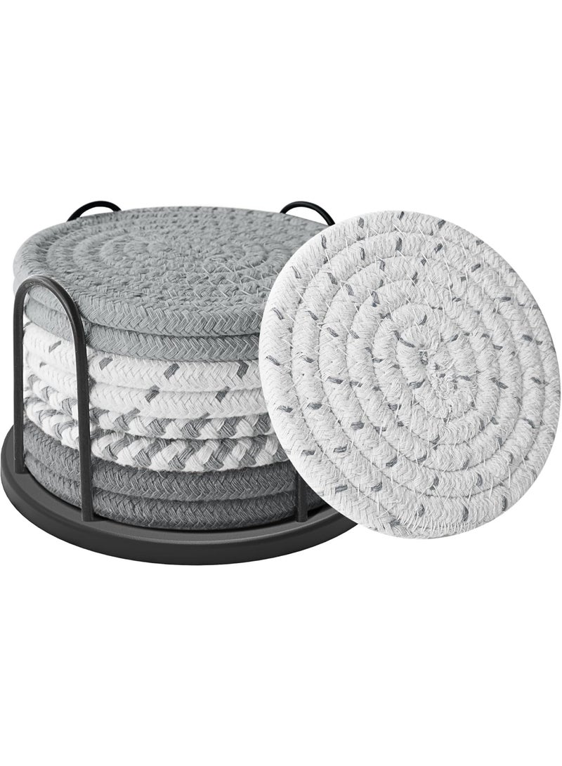 يلا جوي مجموعة من 8 قطع من قواعد الأكواب مع حامل، مجموعة واقي طاولة ماص مانع للانزلاق، قاعدة ماصة منسوجة من القطن بأربعة ألوان للديكور المنزلي، حماية سطح الطاولة، مناسبة لأنواع الأكواب والقهوة - Image 1