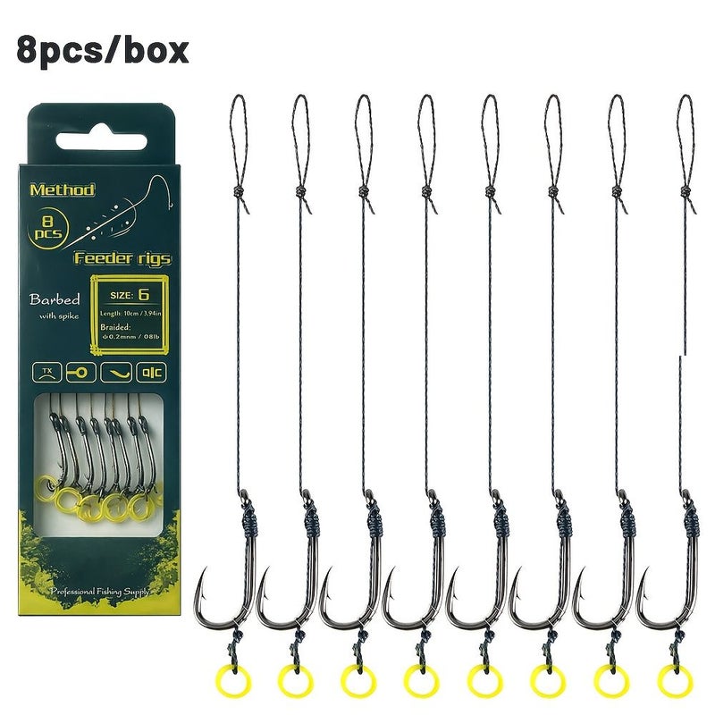 8Pcs Method Feeder Hook and Line Set With Barbed Hooks Sizes 6 8 10 12 for Carp Fishing - Image 1