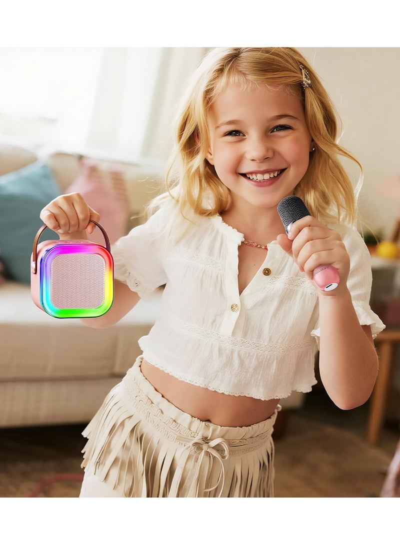 جهاز كاريوكي صغير للأطفال والكبار، مكبر صوت كاريوكي محمول يعمل بالبلوتوث مع ميكروفون لاسلكي واحد وأضواء LED ملونة، هدايا كاريوكي للفتيات والأولاد لحفلات أعياد الميلاد المنزلية (وردي) - Image 3