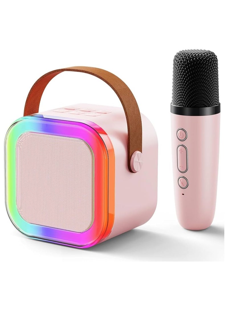جهاز كاريوكي صغير للأطفال والكبار، مكبر صوت كاريوكي محمول يعمل بالبلوتوث مع ميكروفون لاسلكي واحد وأضواء LED ملونة، هدايا كاريوكي للفتيات والأولاد لحفلات أعياد الميلاد المنزلية (وردي) - Image 1