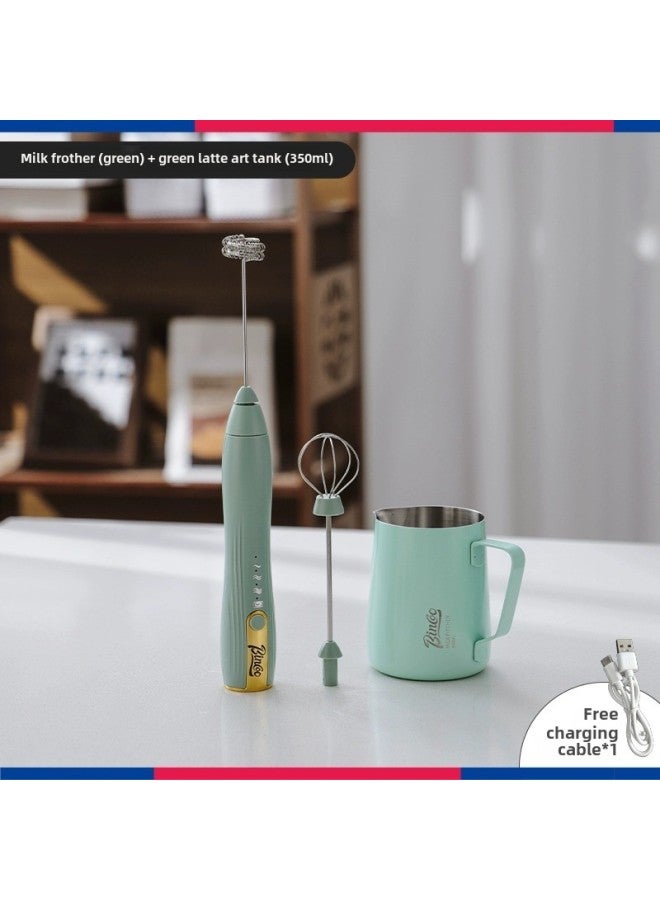 Bincoo Coffee Frother Electric Milk Frother Household Milk Mixer Handheld Milk Frother-Color:Small Waisted Green Double-headed Three-speed Stainless Steel Flower Cylinder 350ml  - Image 1