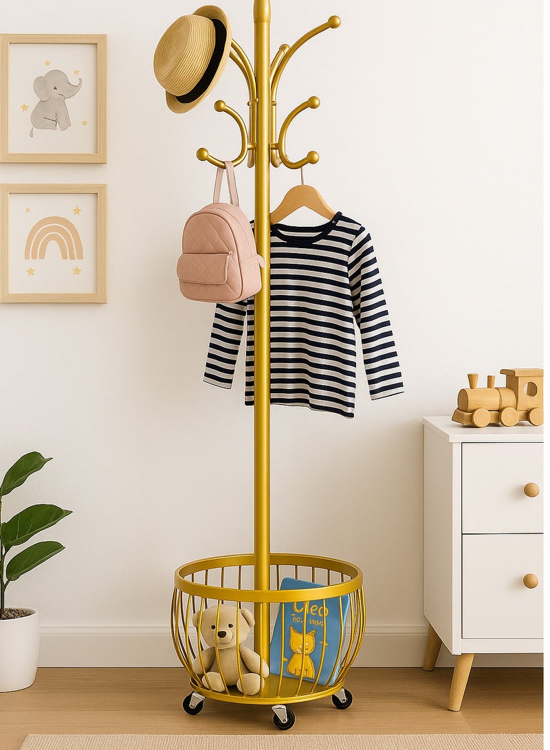 شي ون علاقة ملابس   2 في 1 بتوزيع خطافات ذكي من SHEE ONE | شماعة ملابس متنقلة بعجلات وسلة تخزين سفلية | حامل معاطف أنيق بتصميم دائري فاخر | علاقة عبايات متعددة الاستخدام للمداخل وغرف النوم | 170×40×40 سم | خيارات الوان متعددة | لون ذهبي - Image 1