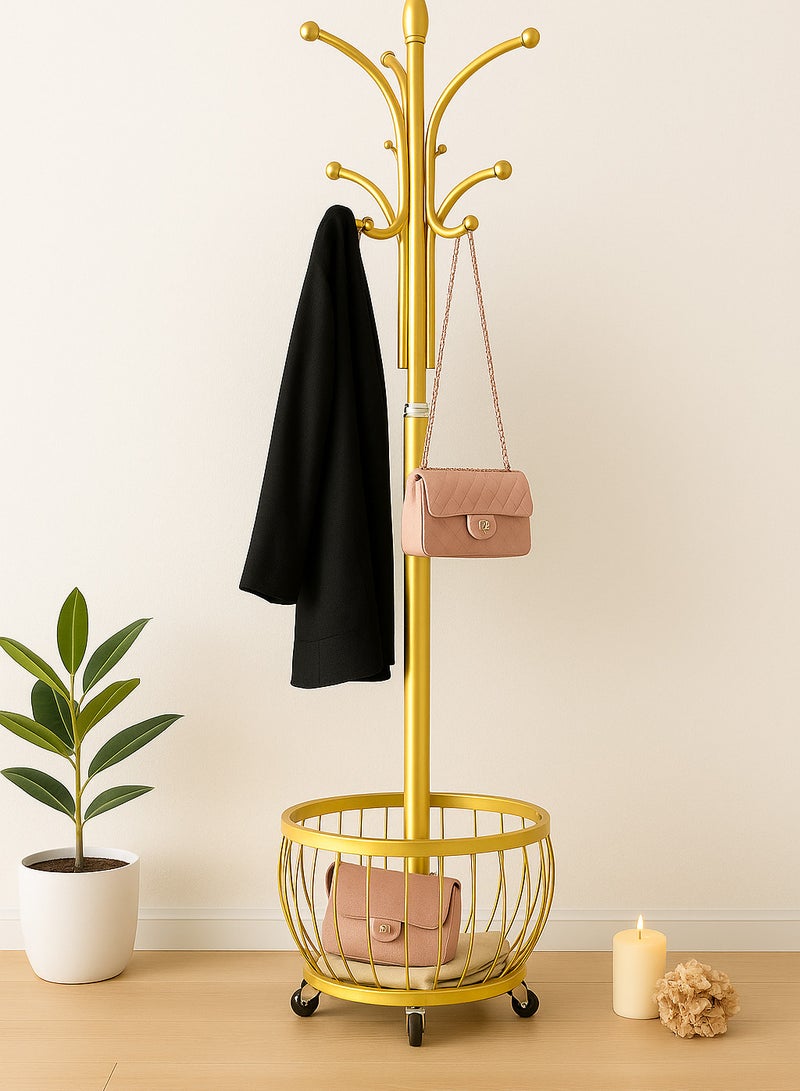 شي ون علاقة ملابس   2 في 1 بتوزيع خطافات ذكي من SHEE ONE | شماعة ملابس متنقلة بعجلات وسلة تخزين سفلية | حامل معاطف أنيق بتصميم دائري فاخر | علاقة عبايات متعددة الاستخدام للمداخل وغرف النوم | 170×40×40 سم | خيارات الوان متعددة | لون ذهبي - Image 3