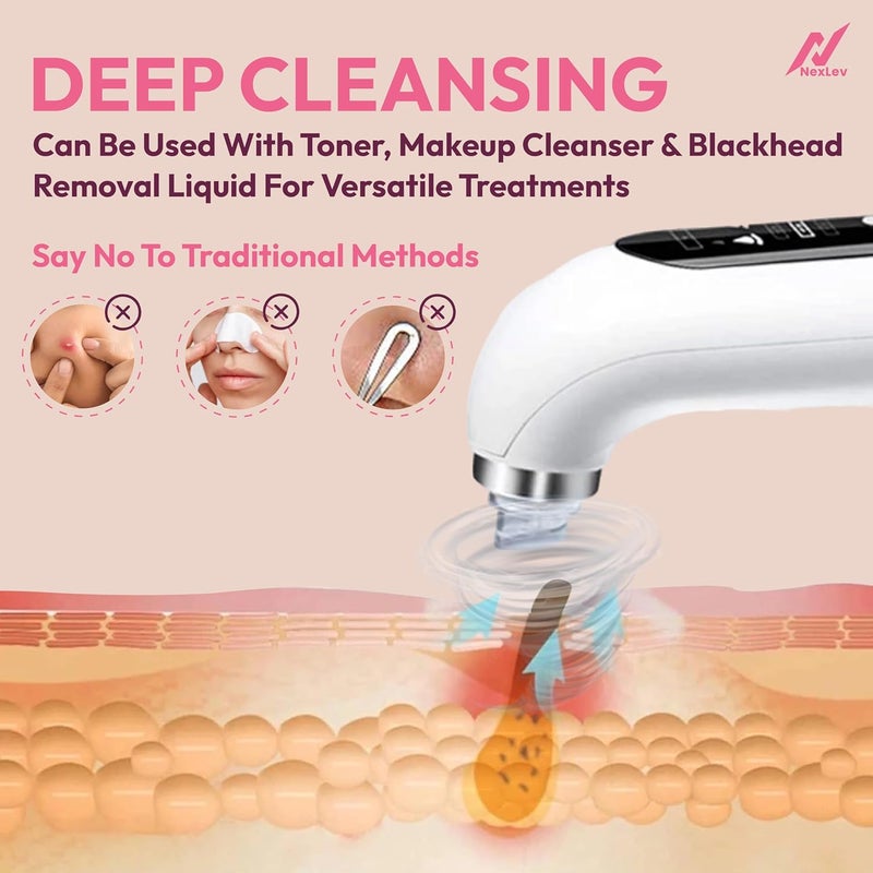 nexlev جهاز نيكسلڤ لإزالة الرؤوس السوداء والرؤوس البيضاء | قابل لإعادة الشحن | 60 دقيقة استخدام | منظف مسام حب الشباب والبثور | 6 رؤوس | آلة شفط ديرما الكهربائية | جهاز تنظيف الوجه الهيدرا | للرجال والنساء | BR-01 - Image 2