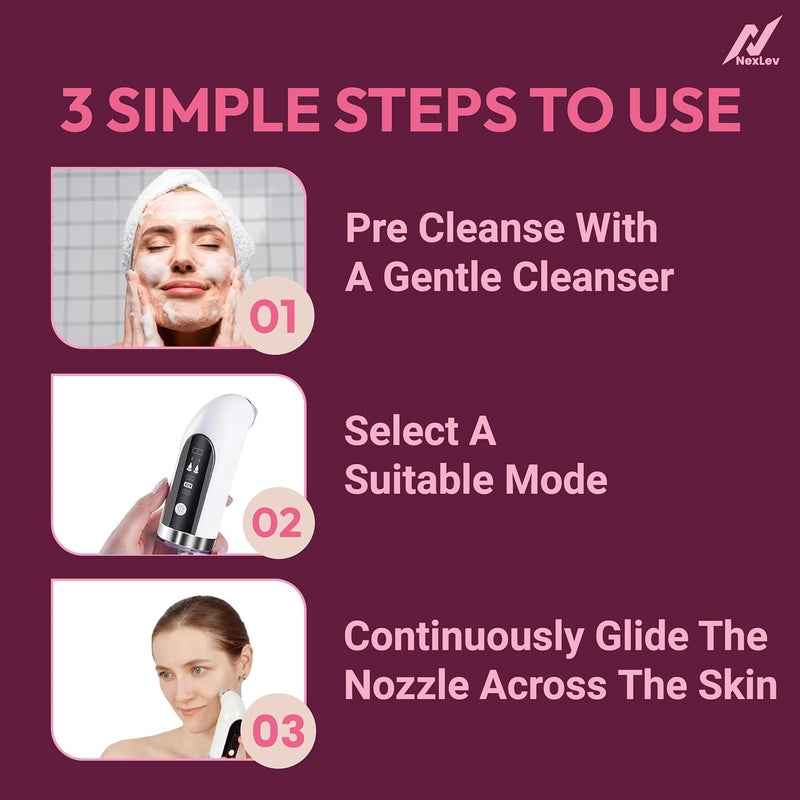 nexlev جهاز نيكسلڤ لإزالة الرؤوس السوداء والرؤوس البيضاء | قابل لإعادة الشحن | 60 دقيقة استخدام | منظف مسام حب الشباب والبثور | 6 رؤوس | آلة شفط ديرما الكهربائية | جهاز تنظيف الوجه الهيدرا | للرجال والنساء | BR-01 - Image 3