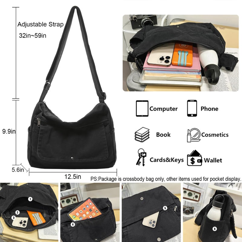 PRAGARI Canvas Messenger Bag for Women Hobo Crossbody Shoulder Bag Vintage Satchel Tote Handbag with Multiple Pockets - Image 4