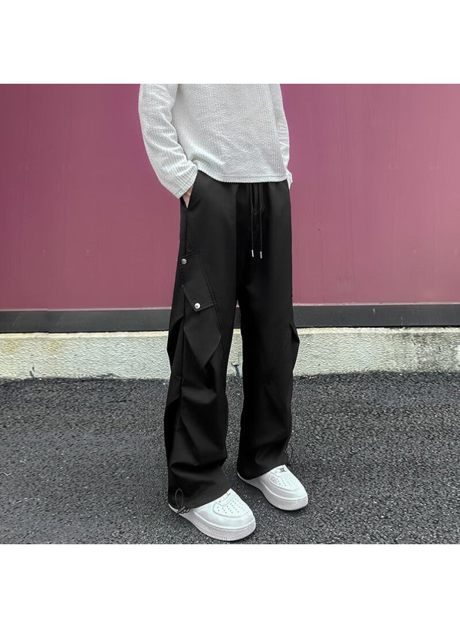 Swamp Area American-style Heavy-duty Pleated Cargo Pants For Men, Spring And Autumn Loose-fit Trendy Wide-leg Versatile Casual Trousers Ks16 Black M - Image 2