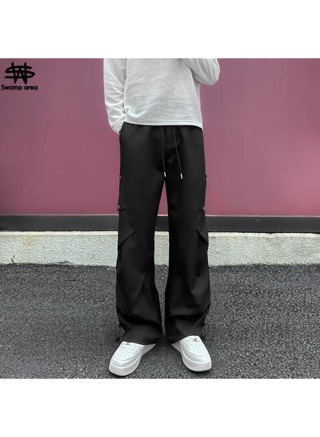 Swamp Area American-style Heavy-duty Pleated Cargo Pants For Men, Spring And Autumn Loose-fit Trendy Wide-leg Versatile Casual Trousers Ks16 Black M - Image 1