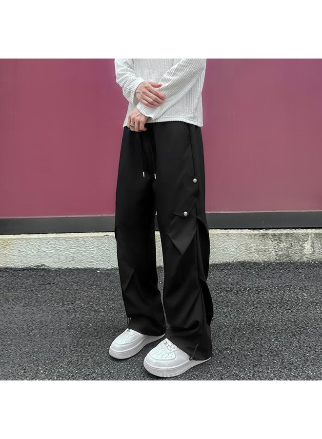 Swamp Area American-style Heavy-duty Pleated Cargo Pants For Men, Spring And Autumn Loose-fit Trendy Wide-leg Versatile Casual Trousers Ks16 Black M - Image 3