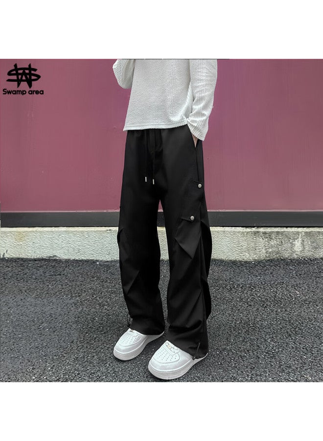 Swamp Area American-style Heavy-duty Pleated Cargo Pants For Men, Spring And Autumn Loose-fit Trendy Wide-leg Versatile Casual Trousers Ks16 Black M - Image 5