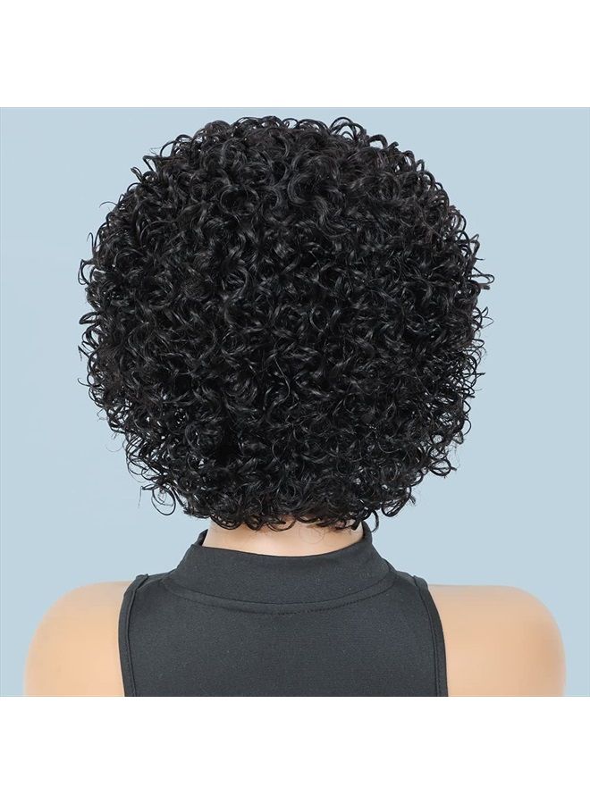 UDU Short Curly Human Hair Wigs For Black Women UDU Short Curly Wigs Human Hair Non Lace Glueless Wig with Bangs Side Part Wigs (Nature Black) - Image 4