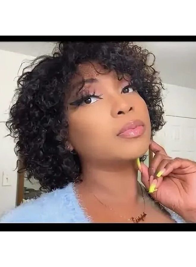 UDU Short Curly Human Hair Wigs For Black Women UDU Short Curly Wigs Human Hair Non Lace Glueless Wig with Bangs Side Part Wigs (Nature Black) - Image 1
