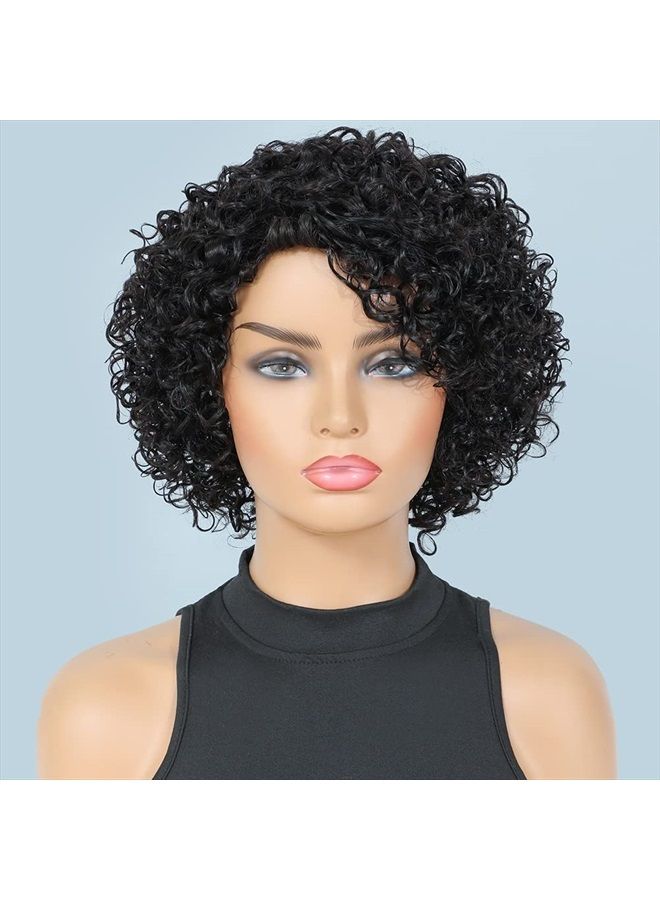 UDU Short Curly Human Hair Wigs For Black Women UDU Short Curly Wigs Human Hair Non Lace Glueless Wig with Bangs Side Part Wigs (Nature Black) - Image 2
