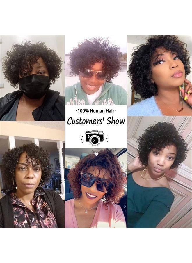 UDU Short Curly Human Hair Wigs For Black Women UDU Short Curly Wigs Human Hair Non Lace Glueless Wig with Bangs Side Part Wigs (Nature Black) - Image 5