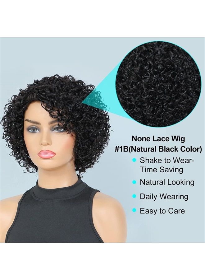 UDU Short Curly Human Hair Wigs For Black Women UDU Short Curly Wigs Human Hair Non Lace Glueless Wig with Bangs Side Part Wigs (Nature Black) - Image 3