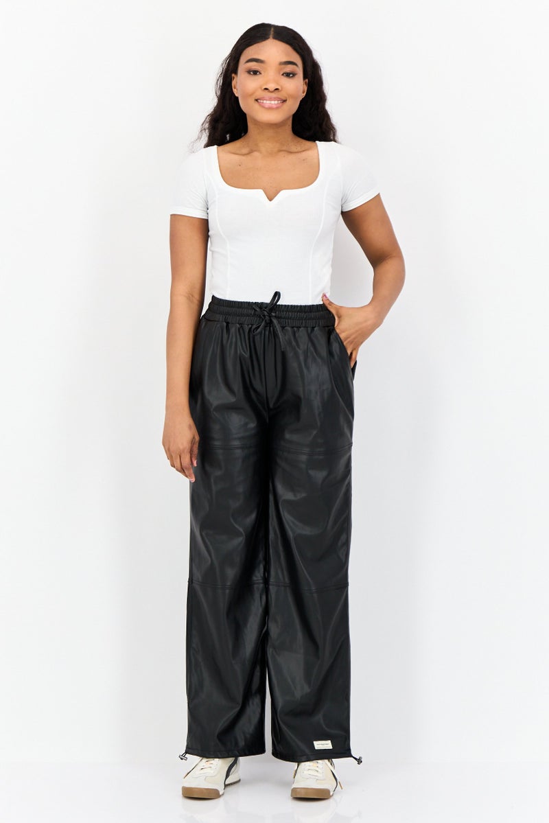 The Giving Movement Women Regular Fit Wide Leg Solid Leather Jogger Pants, Black - Image 3