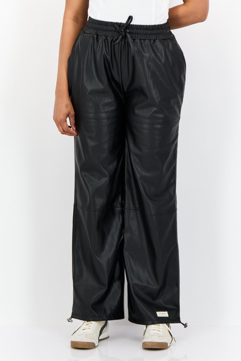 The Giving Movement Women Regular Fit Wide Leg Solid Leather Jogger Pants, Black - Image 1