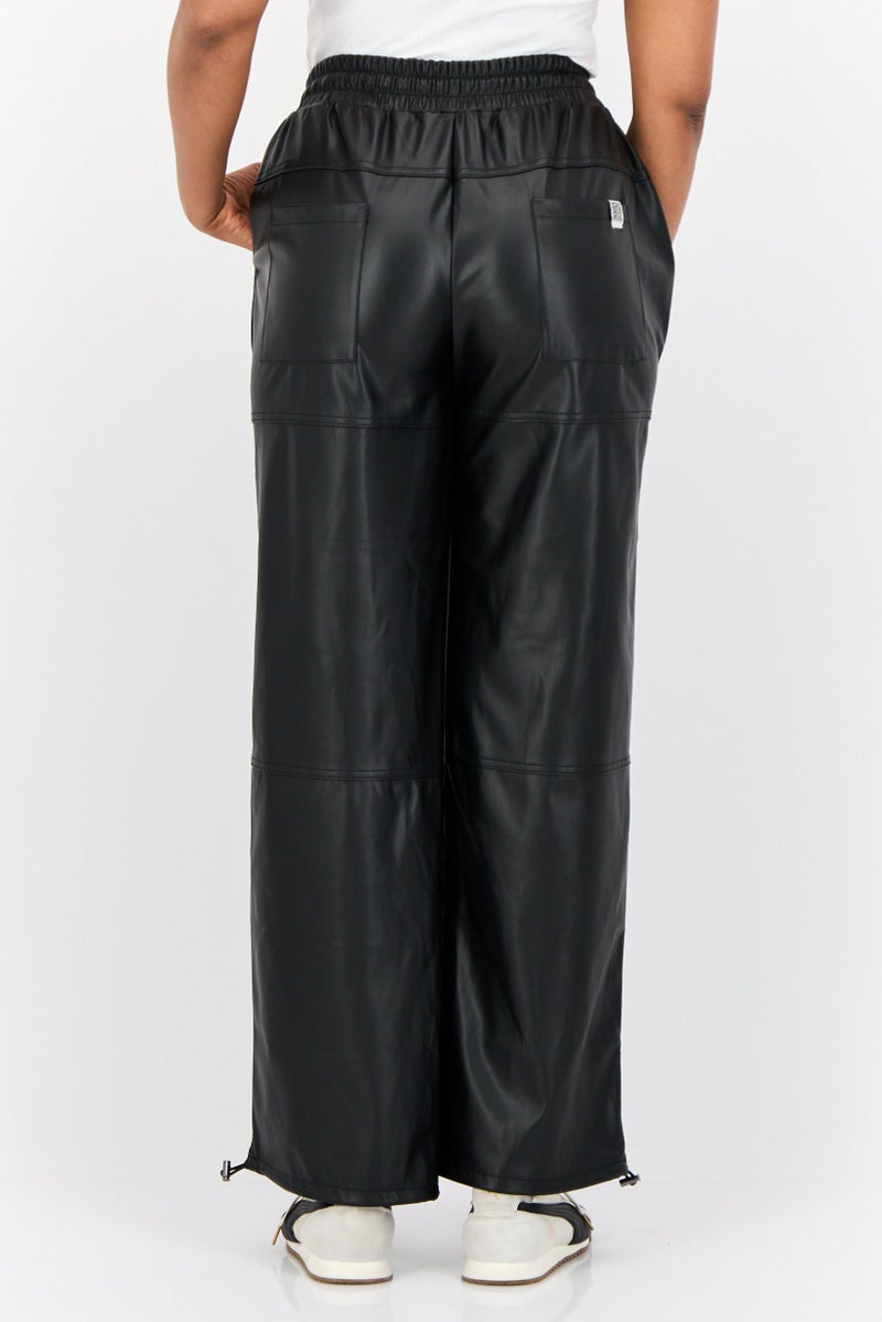 The Giving Movement Women Regular Fit Wide Leg Solid Leather Jogger Pants, Black - Image 4