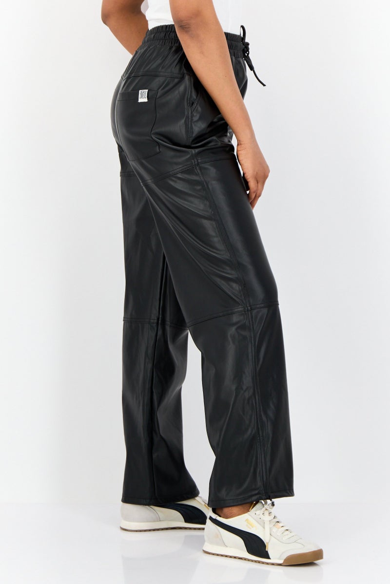 The Giving Movement Women Regular Fit Wide Leg Solid Leather Jogger Pants, Black - Image 2