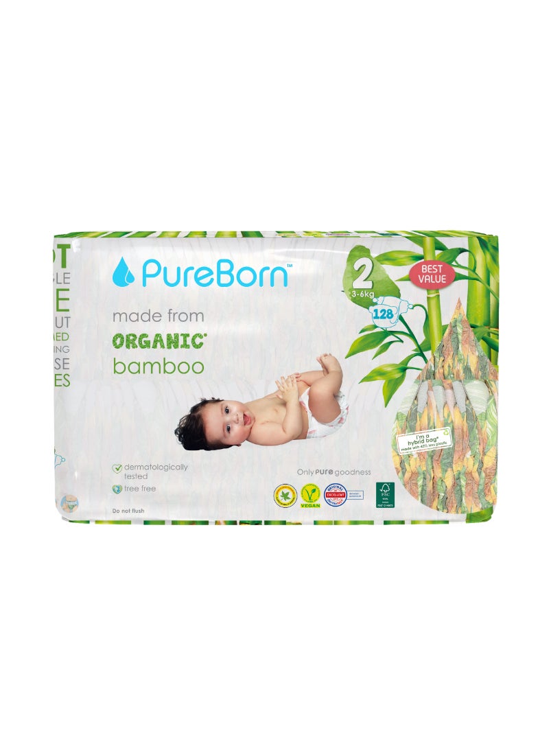 PureBorn Organic Baby Tape Style Diapers Size-2 3-6 kg Sunflower Print 128 Diapers  - Image 1
