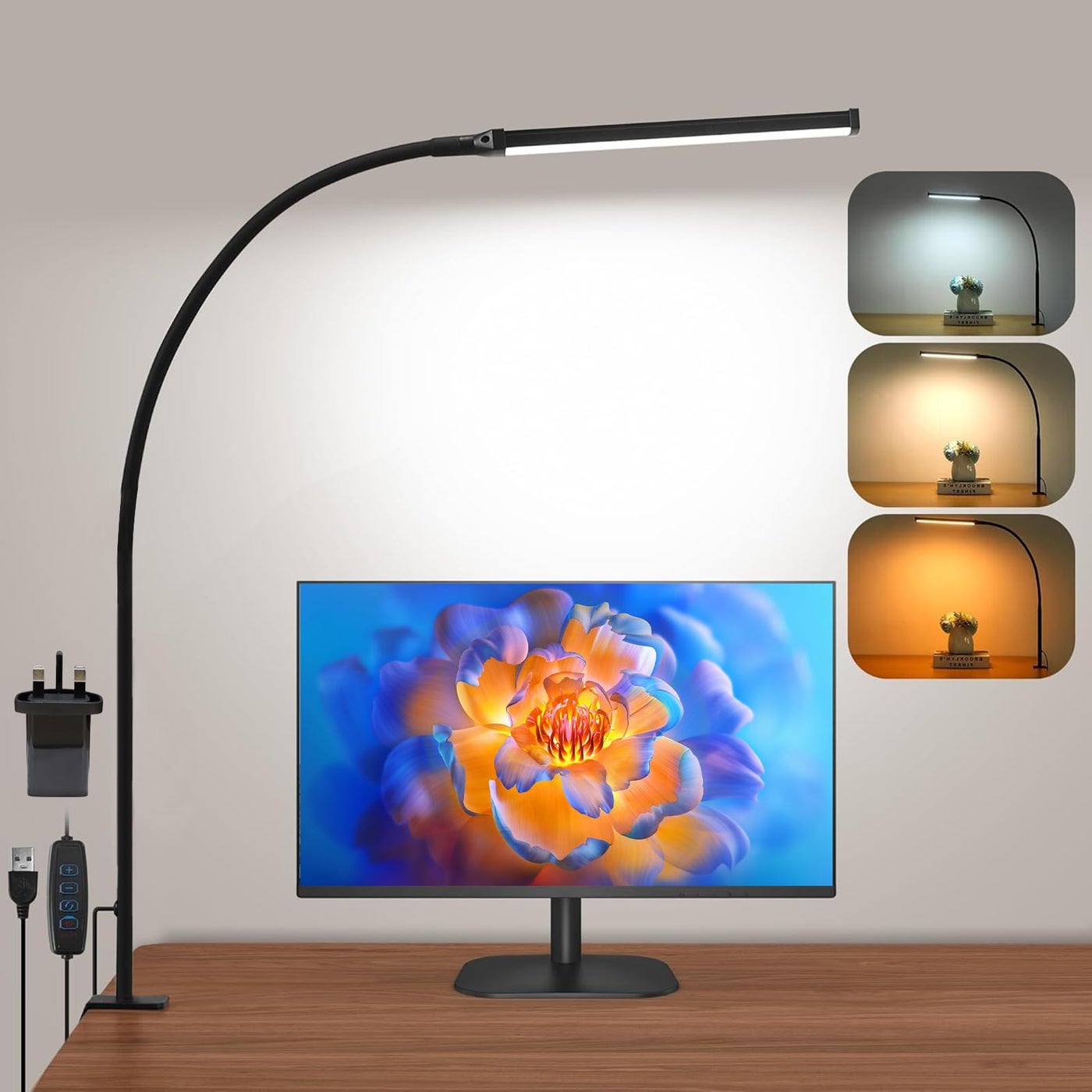 Led Desk Lamp for Home Office, Eye-Caring Desk Light with Clamp, USB Adapter Clip on Light for Reading, 3 Modes 10 Brightness, Flexible Gooseneck, Memory Function, Study, Work, Draw, Black