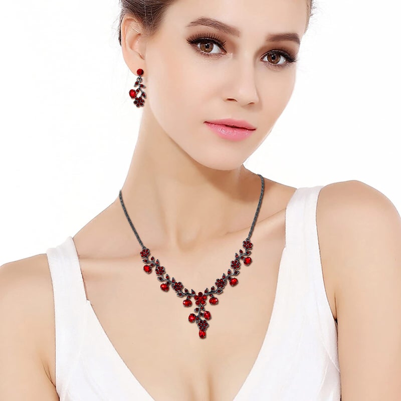 EVER FAITH Bridal Jewelry Sets for Wedding Crystal Flower Leaf Costume Halloween Necklace Earrings Set Red Black-Tone - Image 3