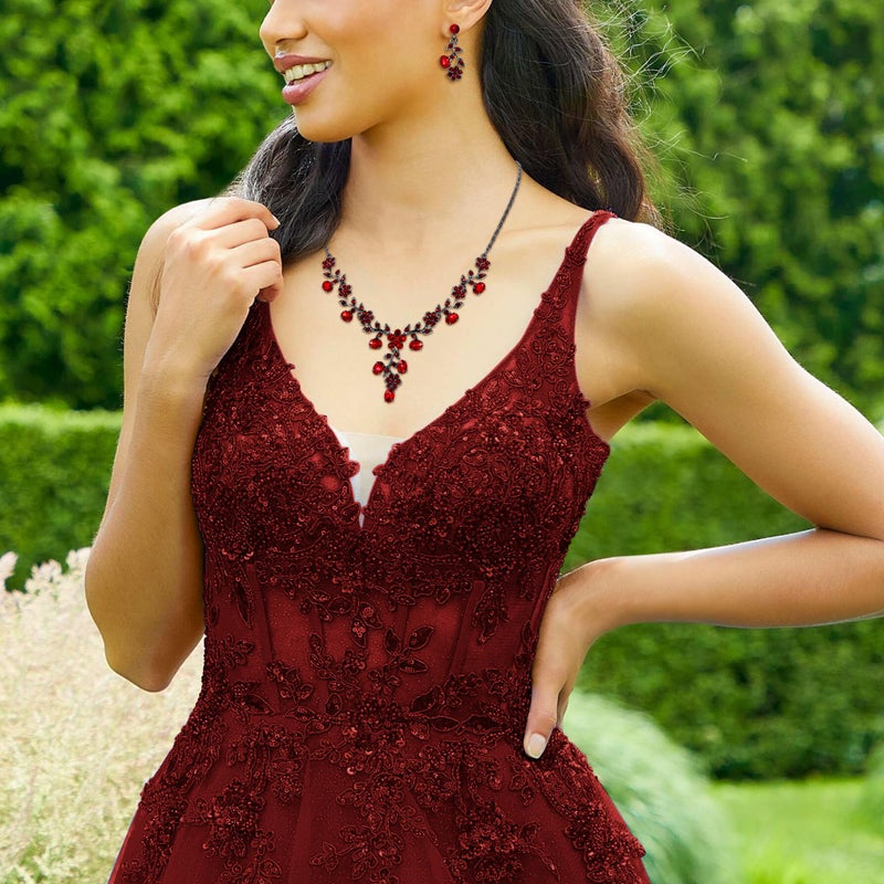 EVER FAITH Bridal Jewelry Sets for Wedding Crystal Flower Leaf Costume Halloween Necklace Earrings Set Red Black-Tone - Image 2