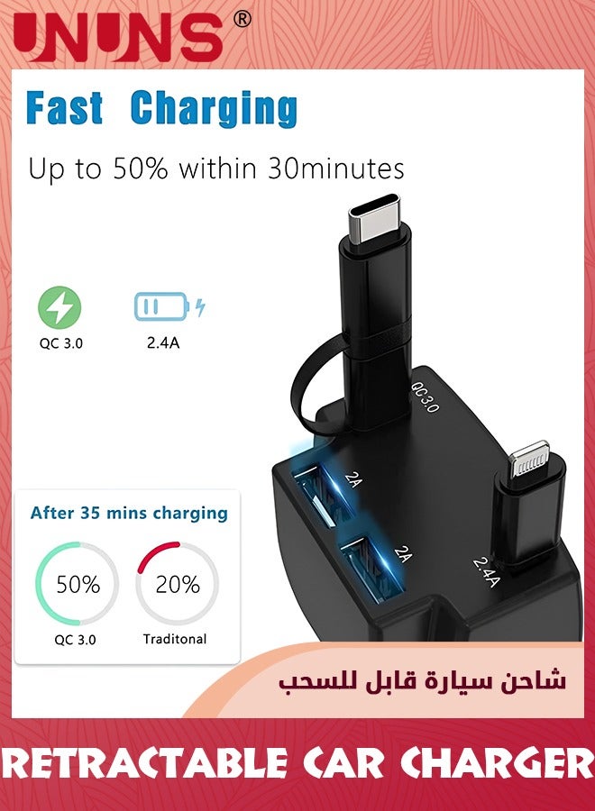 UNUNS Retractable Car Charger,Fast Charge 3.1A 40W,Retractable Cables(3Ft) And 2 USB Ports Car Charger Adapter,Compatible With Cell Phones,Samsung Galaxy,Android,iPhone,iPad,Car Accessories Interior - Image 3