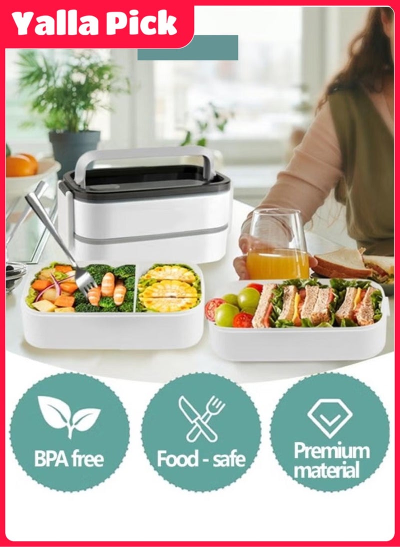 Yalla Pick Lunch Box, 1400ml Double Layer Bento Box, Leakproof, Microwave-Safe, Thermal Insulation, Detachable, with Thermal Bag & Cutlery (Silver)  - Image 3