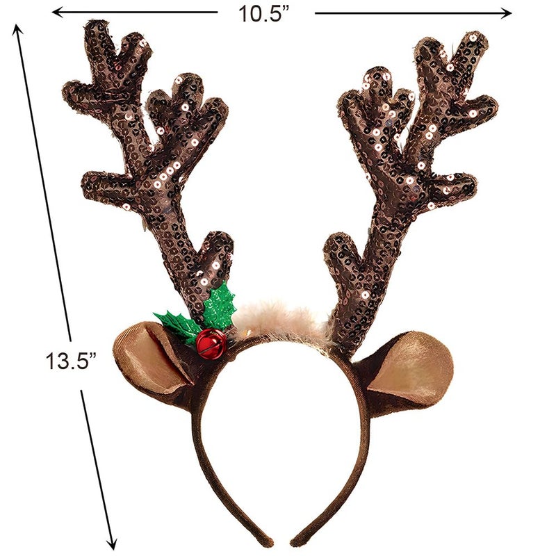 Amscan Sequined Brown Reindeer Antlers Headband - 15' x 14" (Pack of 1) - Quality Accessory Perfect For Halloween Parties & Themed Events - Image 2