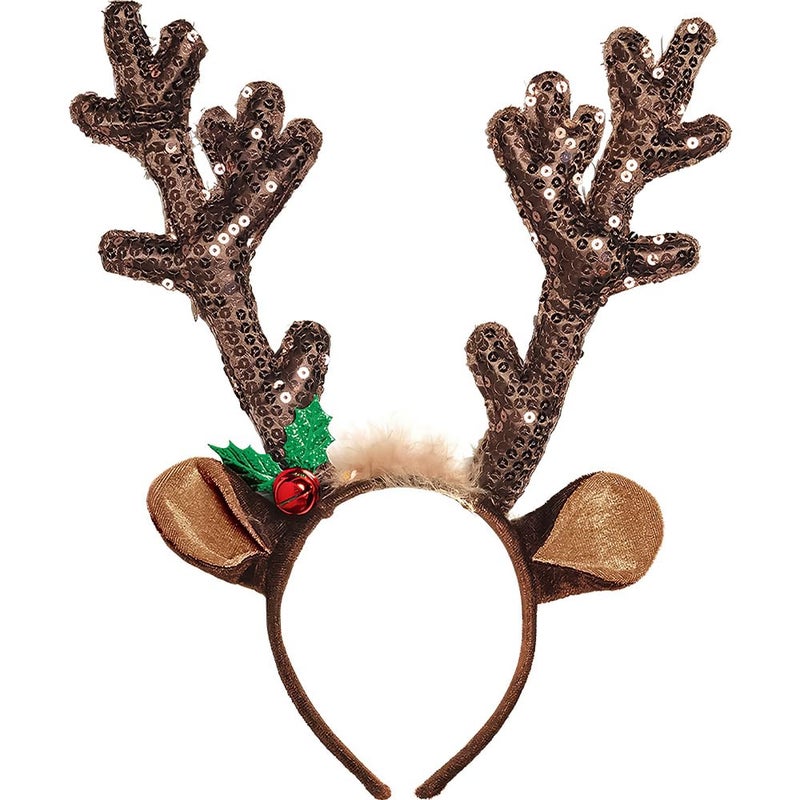 Amscan Sequined Brown Reindeer Antlers Headband - 15' x 14" (Pack of 1) - Quality Accessory Perfect For Halloween Parties & Themed Events - Image 1