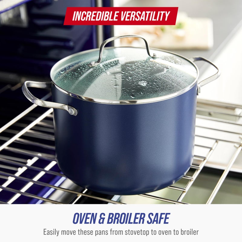 Blue Diamond 8QT Nonstick Stockpot with Glass Lid, PFAS-Free Ceramic, Multipurpose Cooking, Sauces & Soups, Pasta, Boiling & Canning Pot, Dishwasher & Oven Safe, Stainless Steel Handles, Navy - Image 2