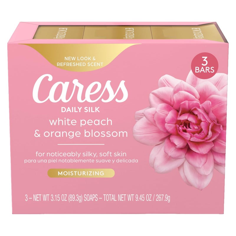 Caress صابون بار كيريس للجمال لبشرة ناعمة بشكل ملحوظ - مستخلص حرير يومي وزيت زهور 3.15 أونصة 3 قطع - Image 1